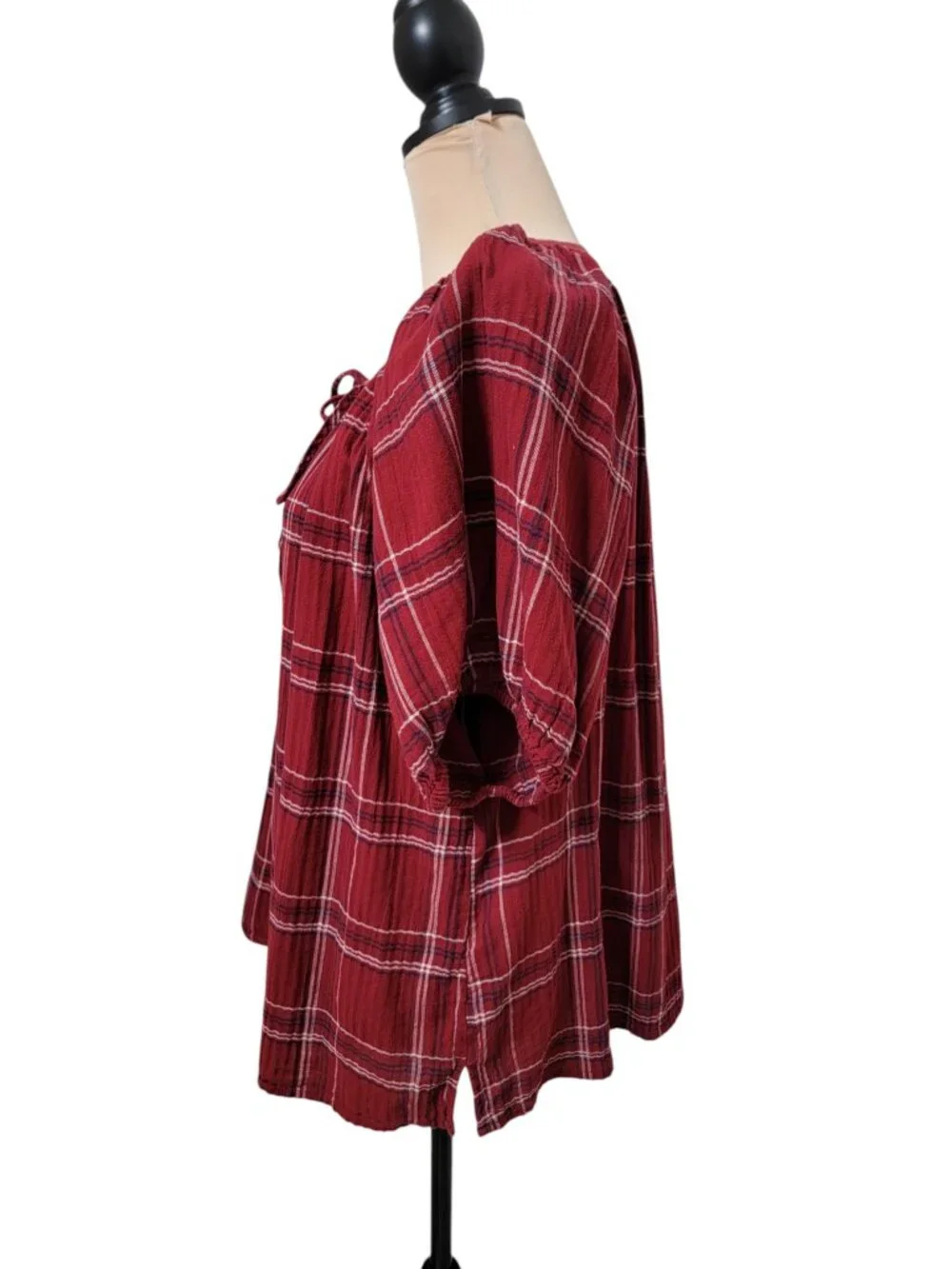 Loft Size XL Burgundy , White and Blue Plaid Split Neck Puffed Sleeve Blouse